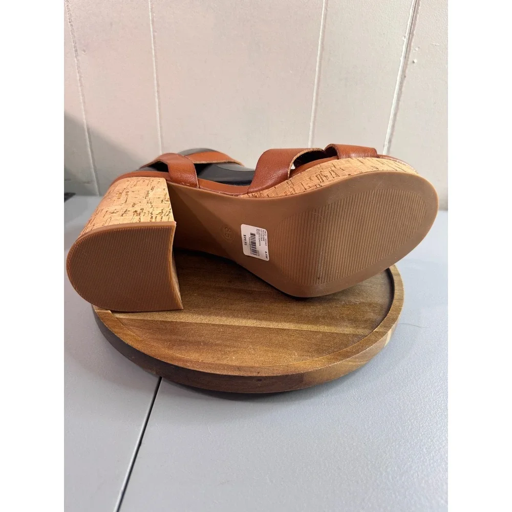 Platform Sandals Womens 8.5 Brown Cork Block Heel Buckle Ankle Strap EUC